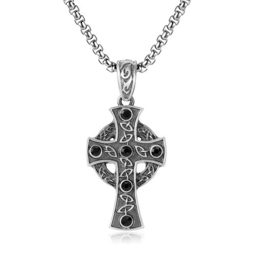 Titanium Steel Jewelry Necklace, stannum, with Titanium Steel, with 1.97inch extender chain, Cross, polished, fashion jewelry & for man & with rhinestone Approx 23.62 Inch 