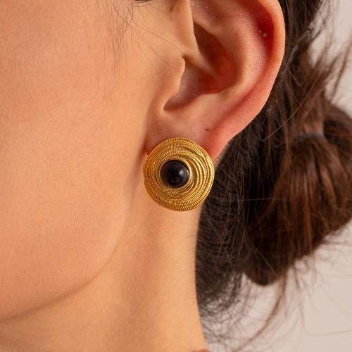Stainless Steel Stud Earring, 304 Stainless Steel, with Agate, plated, fashion jewelry, golden 