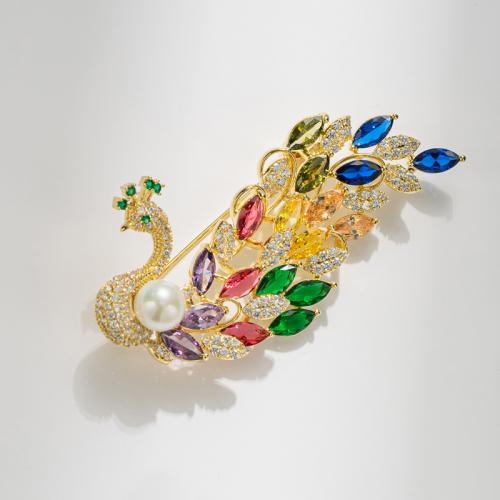 Cubic Zirconia Brooch, Brass, with Shell Pearl, Peacock, plated, fashion jewelry & micro pave cubic zirconia, multi-colored 