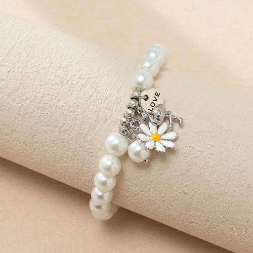 Glass Pearl Zinc Alloy Bracelets, Glass Beads, with Zinc Alloy, fashion jewelry & enamel, white cm 
