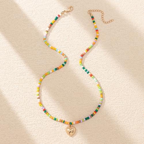 Glass Seed Beads Necklace, Zinc Alloy, with Glass Beads, Heart, plated, fashion jewelry & enamel, golden Approx 45-50 cm 