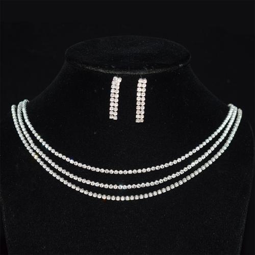 Rhinestone Zinc Alloy Jewelry Set, Stud Earring & necklace, with 7.5cm extender chain, plated, 2 pieces & for woman & with rhinestone, silver color Approx 36 cm 