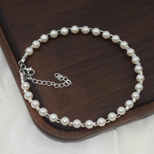 Rhinestone Zinc Alloy Bangle, with Plastic Pearl, with 6.5cm extender chain, fashion jewelry & for woman & with rhinestone, white Approx 11.3 cm 