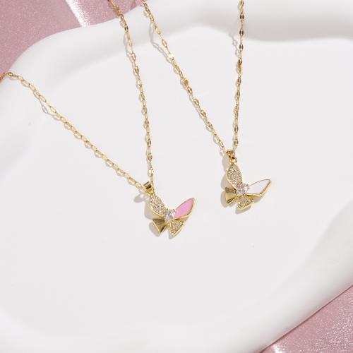 Messing Halskette, mit Titanstahl, Schmetterling, vergoldet, Micro pave Zirkonia & für Frau & Emaille, keine, Länge:ca. 16 ZollInch, verkauft von PC
