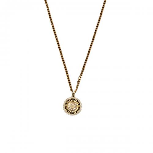 Brass Necklace, with 304 Stainless Steel Chain, Sun, real gold plated, Unisex & micro pave cubic zirconia & hollow Approx 18 Inch [