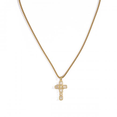 Brass Necklace, with 304 Stainless Steel Chain, Cross, real gold plated, Unisex & micro pave cubic zirconia Approx 23.62 Inch 