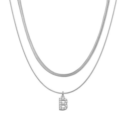 Cubic Zirconia Stainless Steel Necklace, 316L Stainless Steel, Alphabet Letter, Double Layer & fashion jewelry & letters are from A to Z & micro pave cubic zirconia & for woman nickel, lead & cadmium free, Chain width 1mm and 3mm Approx 40-45 cm 