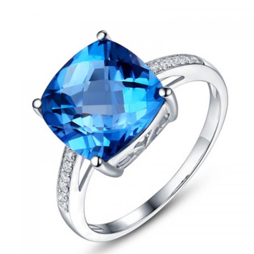 Crystal Brass Finger Ring, with Crystal, Square, platinum plated, fashion jewelry & for woman & with rhinestone, sea blue, Ring inner mm 