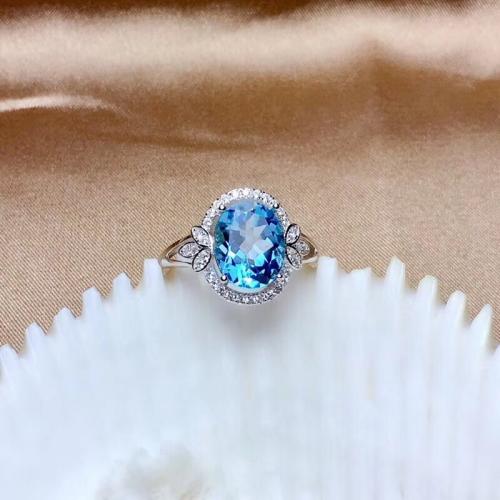Rhinestone Brass Finger Ring, with Topaze, Oval, platinum plated, fashion jewelry & micro pave rhinestone & for woman, sea blue 