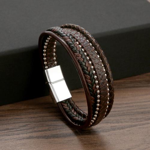 bracelet de cordon en PU , cuir PU, avec Acier inoxydable 304, poli, bijoux de mode & pour homme, plus de couleurs à choisir Environ 21 cm, Vendu par PC
