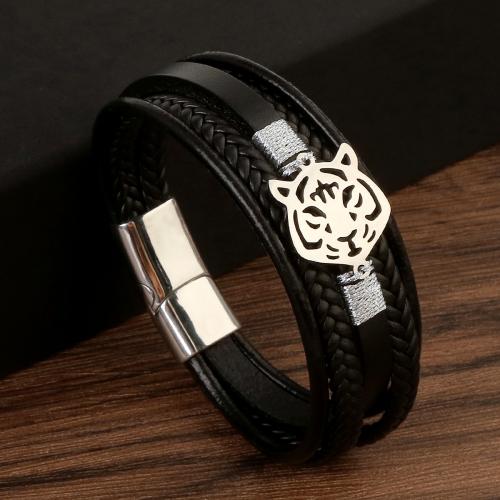 bracelet de cordon en PU , cuir PU, avec Acier inoxydable 304, Placage, bijoux de mode & pour homme, plus de couleurs à choisir Environ 21.5 cm, Vendu par PC