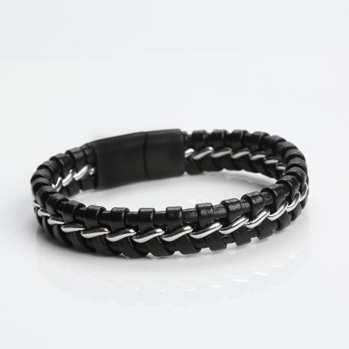 bracelet de cordon en PU , cuir PU, avec Acier titane, fait à la main, bijoux de mode & pour homme, noire Environ 21 cm, Vendu par PC