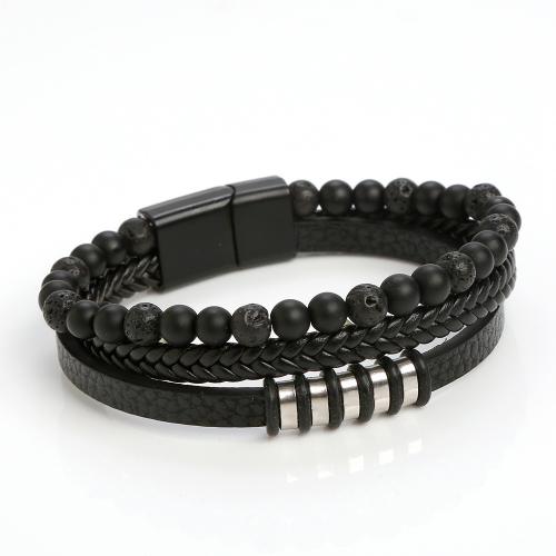 bracelet de cordon en PU , cuir PU, avec Acier titane, fait à la main, bijoux de mode & pour homme, noire Environ 21 cm, Vendu par PC
