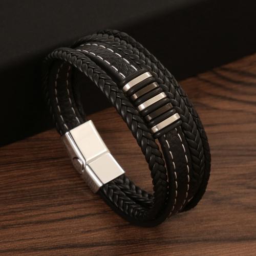 bracelet de cordon en PU , cuir PU, avec Acier inoxydable 304, Placage, bijoux de mode & pour homme, plus de couleurs à choisir Environ 21 cm, Vendu par PC