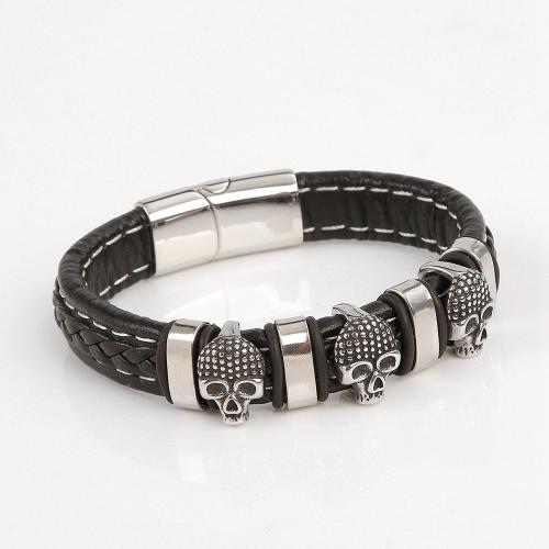 bracelet de cordon en PU , cuir PU, avec Acier inoxydable 304, poli, bijoux de mode & pour homme Environ 21.5 cm, Vendu par PC