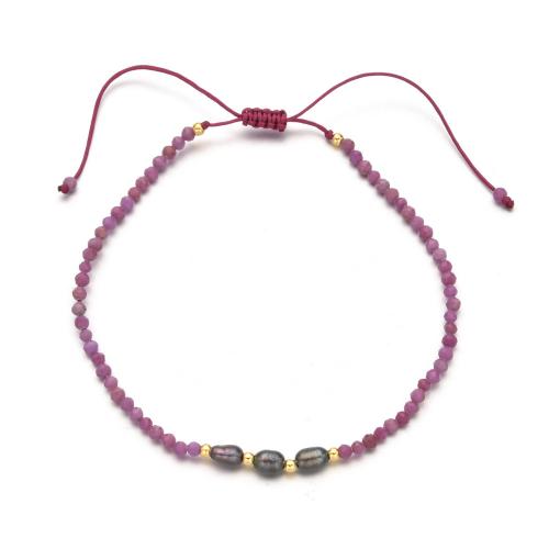 Gemstone Pearl Bracelets, Natural Stone, with Knot Cord & Freshwater Pearl, handmade, adjustable & for woman Approx 16-28 cm [