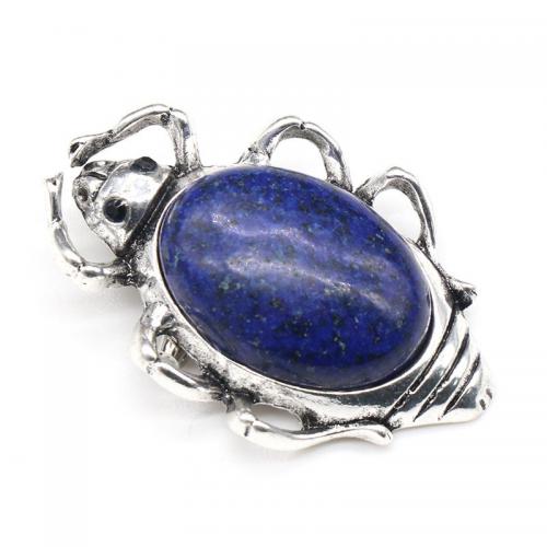 Gemstone Brooch, Zinc Alloy, with Natural Stone, Insect, antique silver color plated & Unisex 