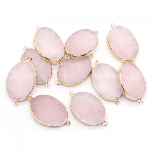 Quartz Connector, Rose Quartz, with Brass, Flat Oval, gold color plated, DIY & 1/1 loop, pink 