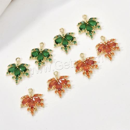 Cubic Zirconia Brass Pendants, with Cubic Zirconia, Maple Leaf, gold color plated, for woman 