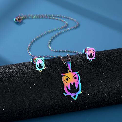 Fashion Stainless Steel Jewelry Sets, 304 Stainless Steel, Stud Earring & necklace, Owl, polished, for woman, multi-colored Approx 45 cm 