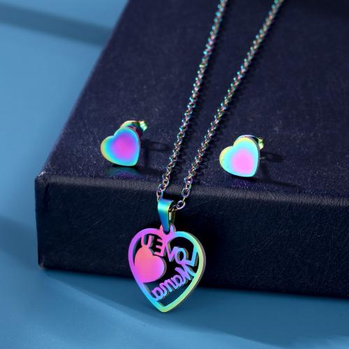 Fashion Stainless Steel Jewelry Sets, 304 Stainless Steel, Stud Earring & necklace, Heart, polished, for woman, multi-colored 