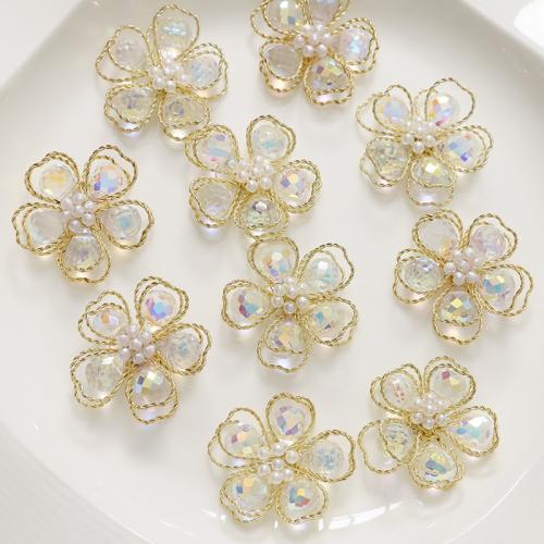 DIY Hair Flowers, Crystal, with ABS Plastic Pearl & Brass, 32mm 