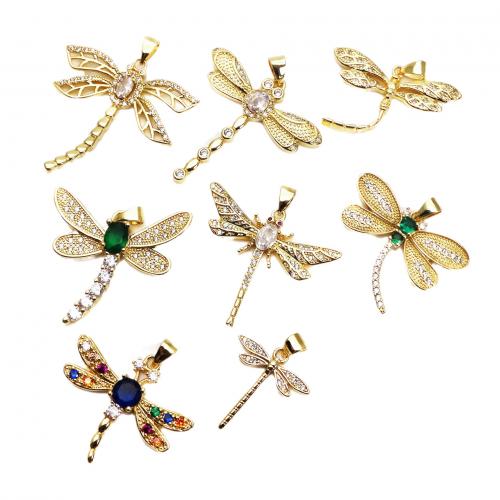Cubic Zirconia Micro Pave Brass Pendant, Dragonfly, gold color plated, DIY & micro pave cubic zirconia 