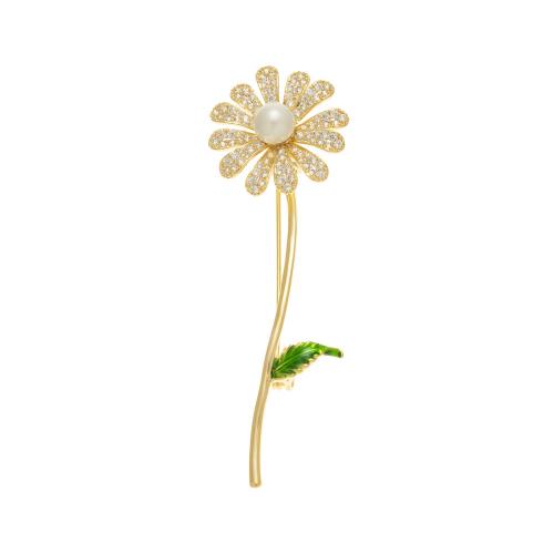 Broche de zircon cubique, laiton, avec Shell Pearl, fleur, bijoux de mode & pavé de micro zircon & pour femme, Or Vendu par PC