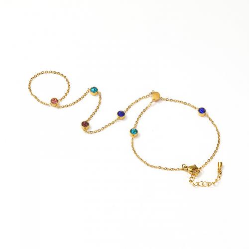 Nuptiale d'anneau de bracelet, Acier titane, avec 4CM chaînes de rallonge, Placage ionique sous vide, pavé de micro zircon & pour femme, doré Environ 16.5 cm, Vendu par PC[