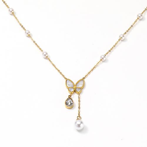 Titanium Steel Jewelry Necklace, with White Shell & Plastic Pearl, with 5CM extender chain, Vacuum Ion Plating, micro pave cubic zirconia & for woman, golden Approx 45 cm 