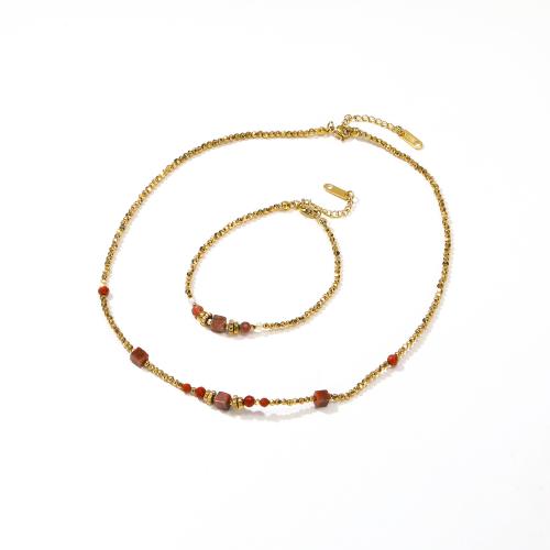 Titanium Steel Jewelry Set, with Red Agate, Vacuum Ion Plating & for woman, golden 