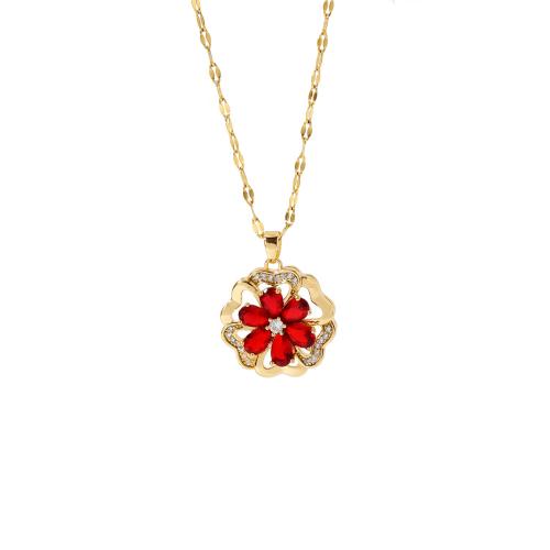316L Stainless Steel Necklace, with 2inch extender chain, Flower, gold color plated, for woman & with cubic zirconia & hollow Approx 15.7 Inch 