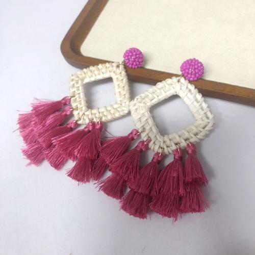 Fashion Tassel Earring, Rattan, with Seedbead & Polyester & Zinc Alloy, Crown, Bohemian style & for woman & hollow 