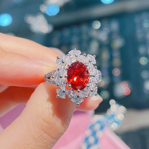 Crystal Brass Finger Ring, with Crystal, Flower, platinum plated, fashion jewelry & for woman & with rhinestone, red, inner mm 