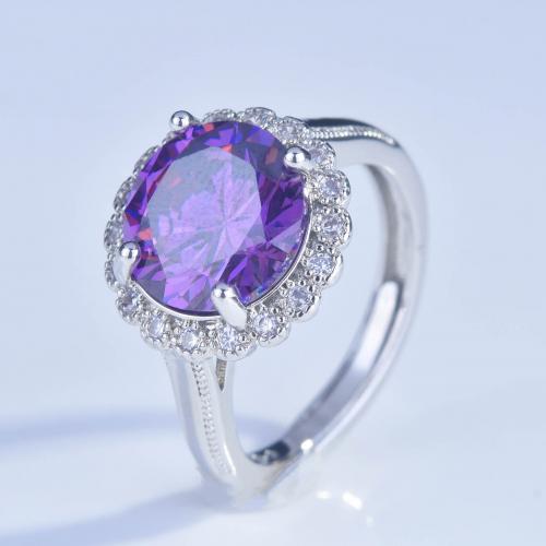 Crystal Brass Finger Ring, with Crystal, Round, platinum plated, fashion jewelry & for woman & with rhinestone, purple, inner mm 