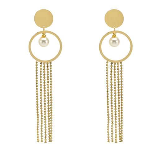 Fashion Fringe Earrings, 304 Stainless Steel, with Plastic Pearl, Donut, Vacuum Ion Plating, fashion jewelry & for woman & hollow, golden, nickel, lead & cadmium free, 100mm 