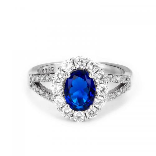 Crystal Brass Finger Ring, with Crystal, Oval, platinum plated, fashion jewelry & for woman & with rhinestone, blue 