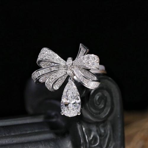 Rhinestone Brass Finger Ring, Bowknot, platinum plated, fashion jewelry & for woman & with rhinestone, clear, inner mm 