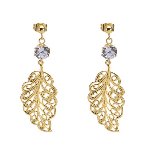Stainless Steel Drop Earring, 304 Stainless Steel, with Cubic Zirconia, Leaf, Vacuum Ion Plating, fashion jewelry & for woman & hollow, golden, nickel, lead & cadmium free 