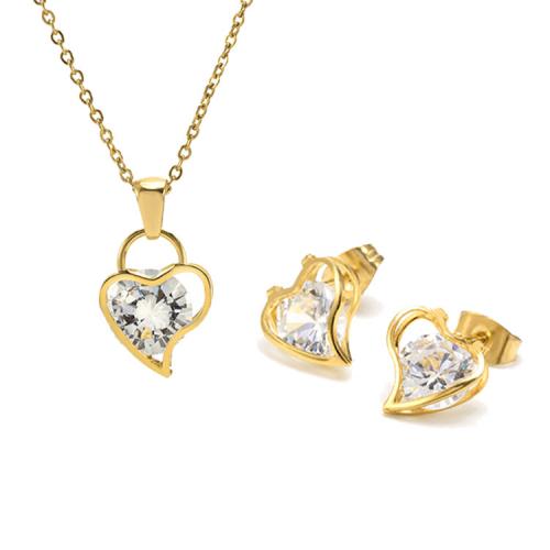Cubic Zirconia Stainless Steel Jewelry Sets, 304 Stainless Steel, Stud Earring & necklace, with Cubic Zirconia, with 5cm extender chain, Heart, Vacuum Ion Plating, 2 pieces & fashion jewelry & for woman, golden, nickel, lead & cadmium free Approx 40 cm 