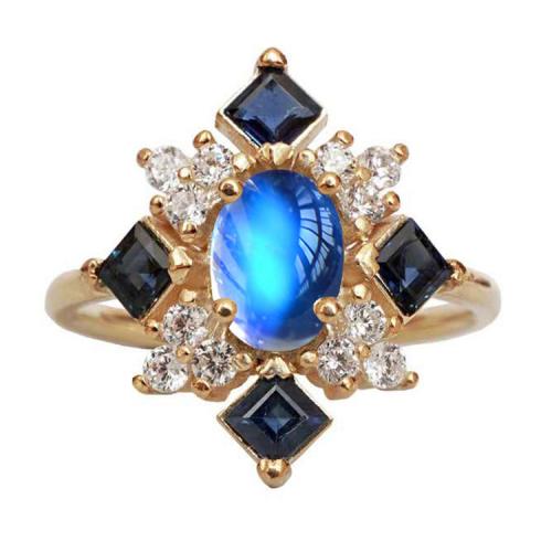 Crystal Brass Finger Ring, with Crystal & Sea Opal, Rhombus, gold color plated, fashion jewelry & for woman & with rhinestone, mixed colors 