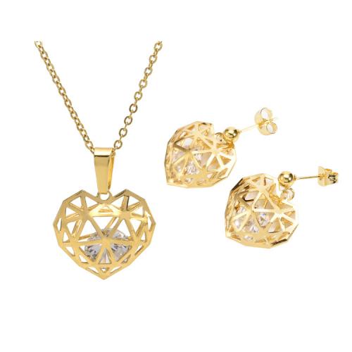 Cubic Zirconia Stainless Steel Jewelry Sets, 304 Stainless Steel, earring & necklace, with Cubic Zirconia, with 5cm extender chain, Heart, Vacuum Ion Plating, 2 pieces & fashion jewelry & for woman & hollow, golden, nickel, lead & cadmium free Approx 45 cm [