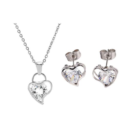 Cubic Zirconia Stainless Steel Jewelry Sets, 304 Stainless Steel, Stud Earring & necklace, with Cubic Zirconia, with 5cm extender chain, Heart, polished, 2 pieces & fashion jewelry & for woman & hollow, original color, nickel, lead & cadmium free Approx 45 cm [