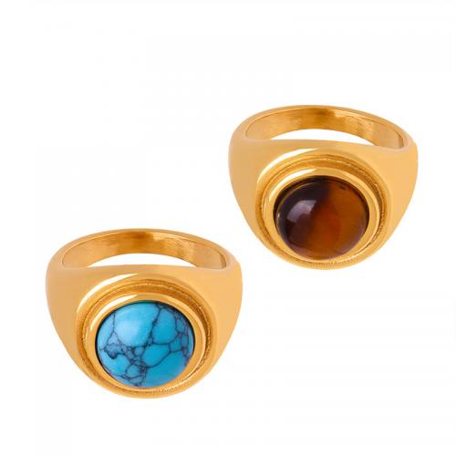 Titanium Steel Finger Ring, with turquoise & Tiger Eye, Vacuum Ion Plating  & for woman ring width 16.9mm 