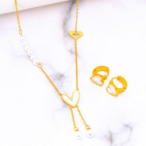 Titanium Steel Jewelry Set, with Shell & Plastic Pearl, with 2.36inch extender chain, Heart, Vacuum Ion Plating, fashion jewelry & for woman, golden, earring 11mm Approx 15.94 Inch 