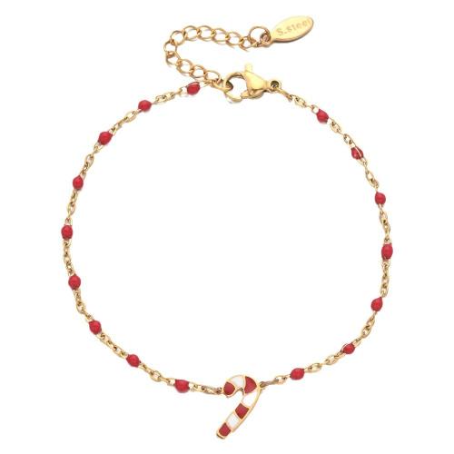 Stainless Steel Chain Bracelets, 304 Stainless Steel, with 4cm extender chain, Christmas Candy Cane, Vacuum Ion Plating, Christmas Design & fashion jewelry & for woman & enamel Approx 16 cm 