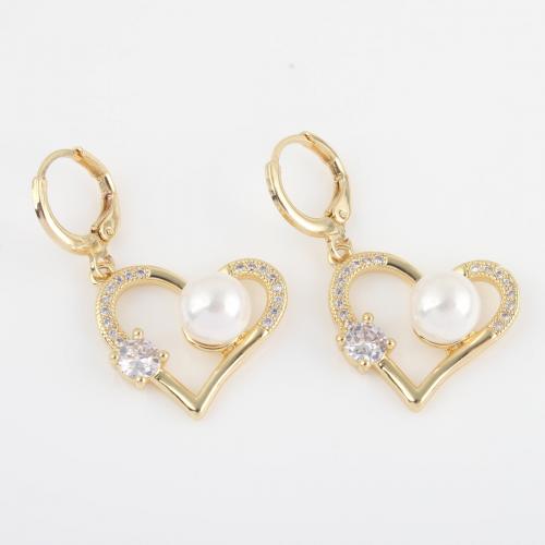 Huggie Hoop Drop Earring, Brass, with Plastic Pearl, Heart, gold color plated, micro pave cubic zirconia & for woman 