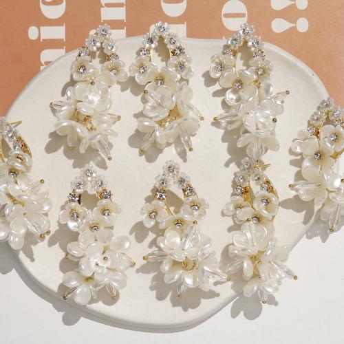 Rhinestone Brass Drop Earring, ABS Plastic Pearl, with Brass, Flower, DIY & with rhinestone, white 