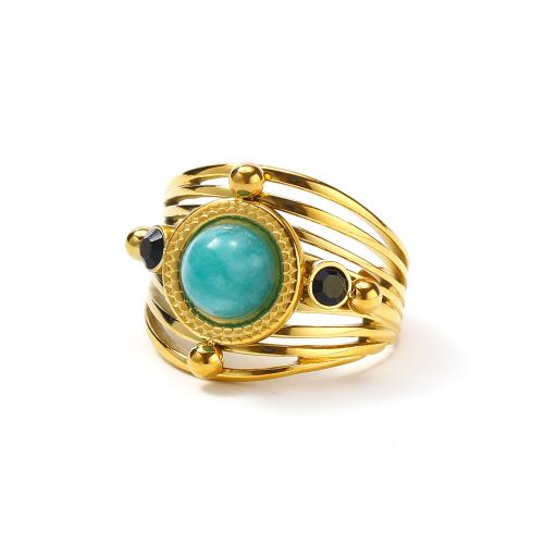 Titanium Steel Finger Ring, with turquoise, Vacuum Ion Plating, micro pave cubic zirconia & for woman, golden 
