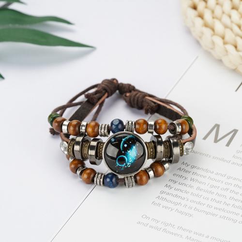 Fashion Time Gem Bracelet Bangle, Wax Cord, with Full Grain Cowhide Leather & Wood & Zinc Alloy, Adjustable & fashion jewelry & Unisex Approx 18 cm 
